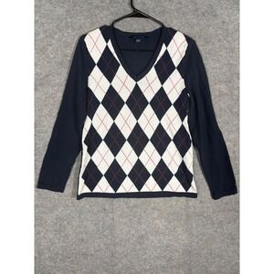 Tommy Hilfiger Womens Argyle V Neck Sweater Navy White Red Long Sleeve Size M